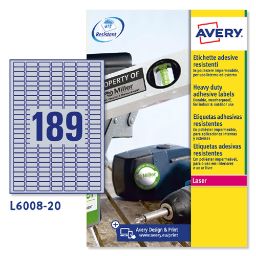 AVERY-ZWECKFORM L6008-20 ETICHETTE IN POLIESTERE SILVER PER STAMPANTI LASER STAMPA B/N 25.4X10 MM 3780 ETICHETTE CONFEZIONE 20 FOGLI 189 ETICHETTE/FOGLIO